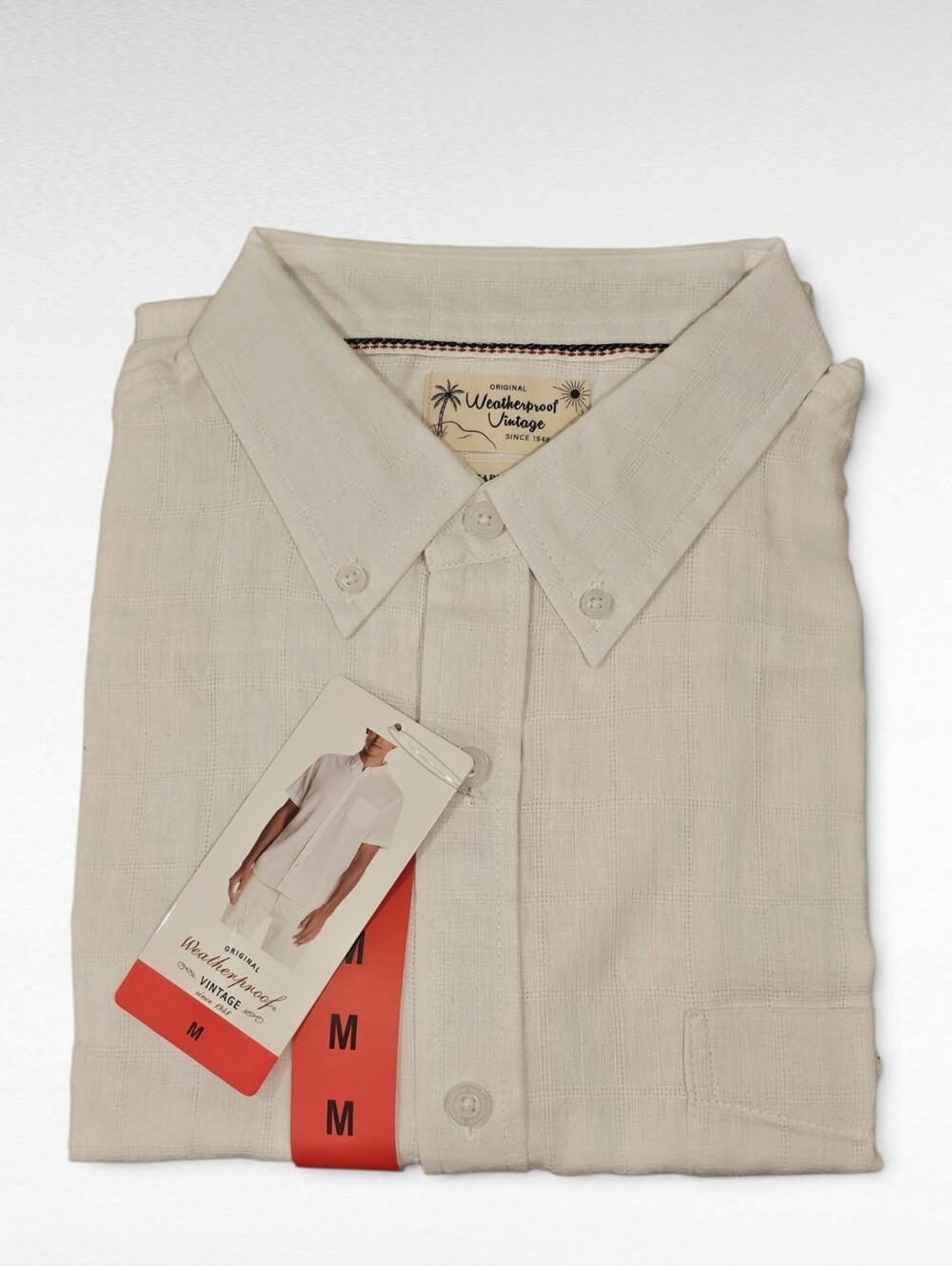 Original Weatherproof Vintage Washable Linen White Short Sleeve Shirt Size Mediu